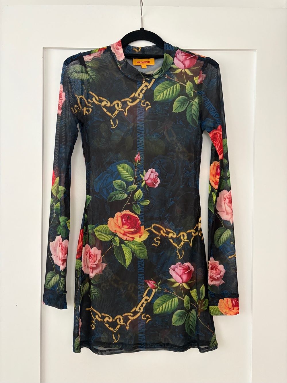 Floral Chain-Print Long Sleeve Mesh Dress